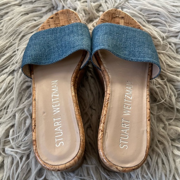 Stuart Weitzman Summer Denim Cork Wedge Blue Platform Slip On Sandals EUC Sz 7.5 - Picture 6 of 10